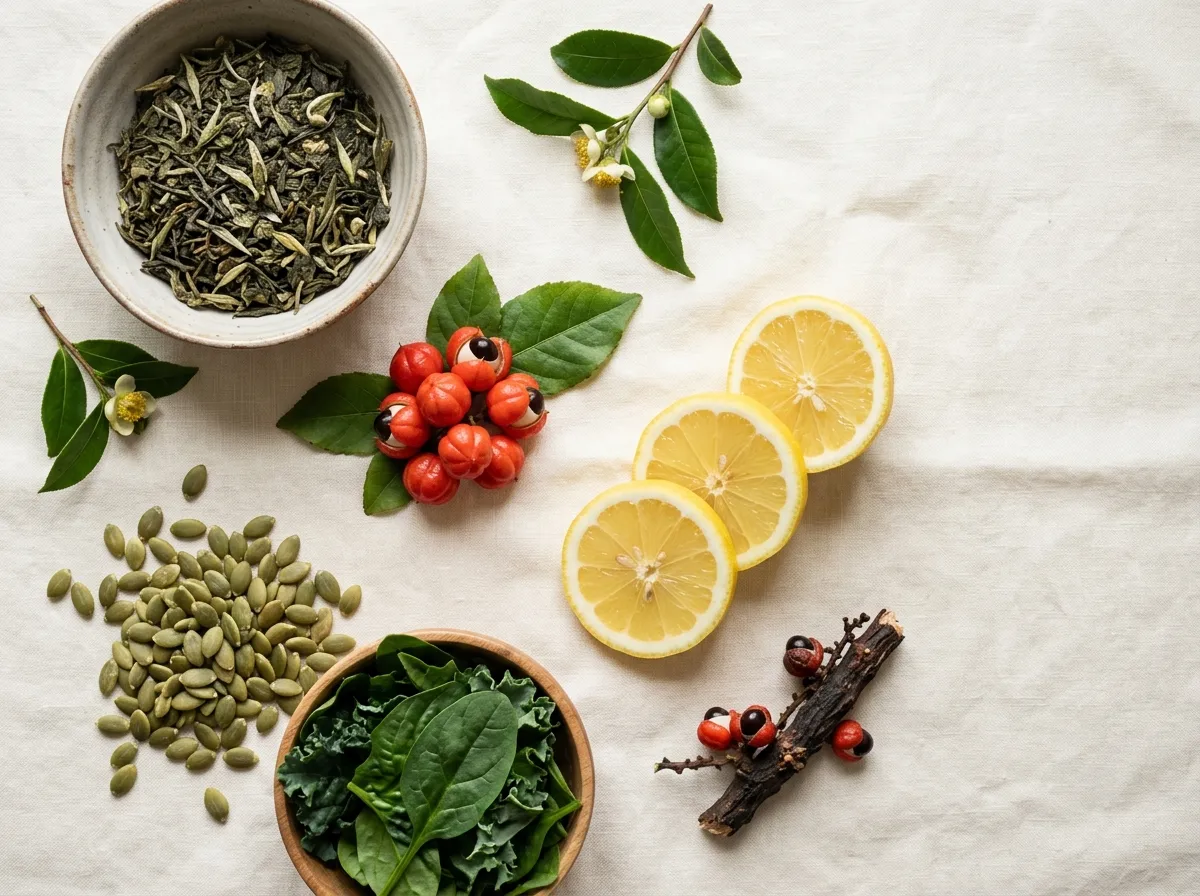 Plantaardige ingrediënten groene thee guarana magnesium platte bovenaanzicht