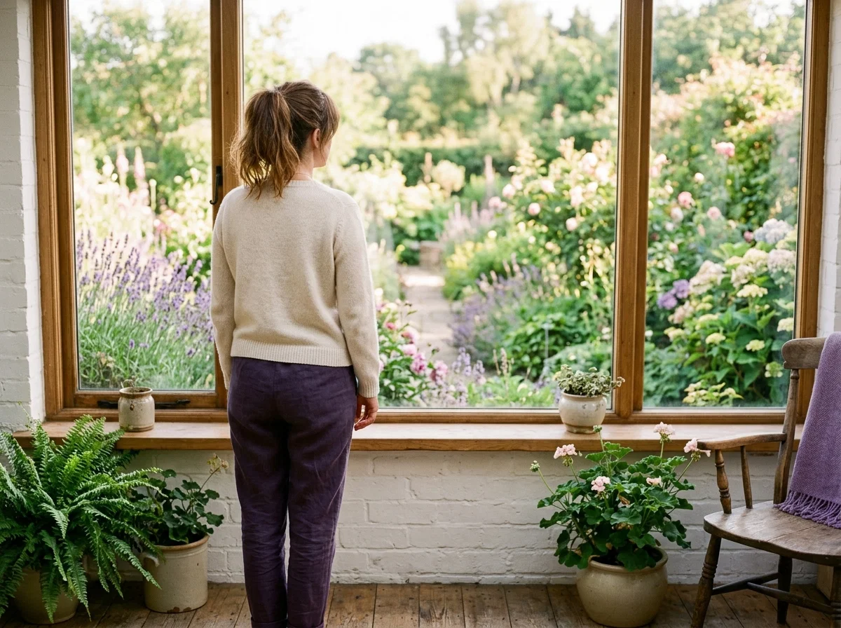 Persoon kijkt uit raam naar tuin welzijn dagelijkse routine